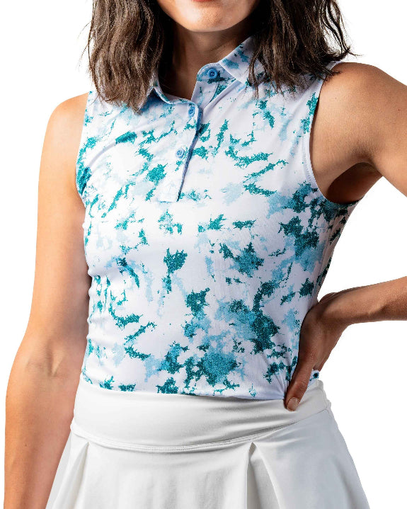 Pins & Aces Women’s Frost Burn performance golf polo featuring an athletic fit with breathable fast-wicking fabric, SPF 45+ sun protection and built-in sunglasses holder.