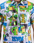 Men’s TMNT Comic Strip golf polo by Pins & Aces featuring colorful Teenage Mutant Ninja Turtles comic artwork in an all-over print.