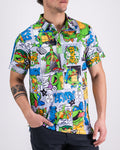 Men’s TMNT Comic Strip golf polo by Pins & Aces featuring colorful Teenage Mutant Ninja Turtles comic artwork in an all-over print.