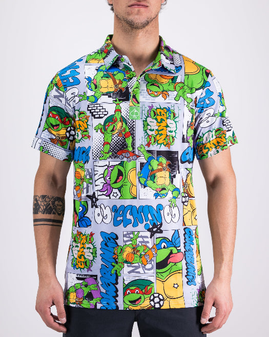 Men’s TMNT Comic Strip golf polo by Pins & Aces featuring colorful Teenage Mutant Ninja Turtles comic artwork in an all-over print.
