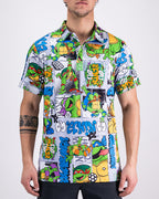 Men’s TMNT Comic Strip golf polo by Pins & Aces featuring colorful Teenage Mutant Ninja Turtles comic artwork in an all-over print.