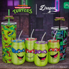 Set of four officially licensed Teenage Mutant Ninja Turtles 16-ounce glass drinking cups featuring Leonardo, Donatello, Michelangelo, and Raphael with reusable lids and straws.
