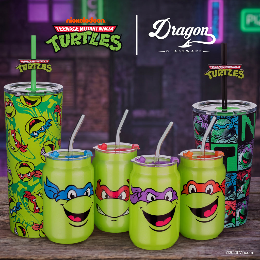 Set of four officially licensed Teenage Mutant Ninja Turtles 16-ounce glass drinking cups featuring Leonardo, Donatello, Michelangelo, and Raphael with reusable lids and straws.