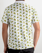 White TMNT Cowabunga Classic 8-Bit golf polo by Pins & Aces featuring an all-over retro pixel-style Teenage Mutant Ninja Turtles character print.