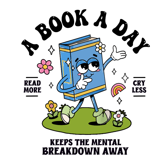 White mug featuring a colorful retro walking book character with flowers and a rainbow, “A Book A Day” lettering, “Read More Cry Less,” and “Keeps the Mental Breakdown Away” text.