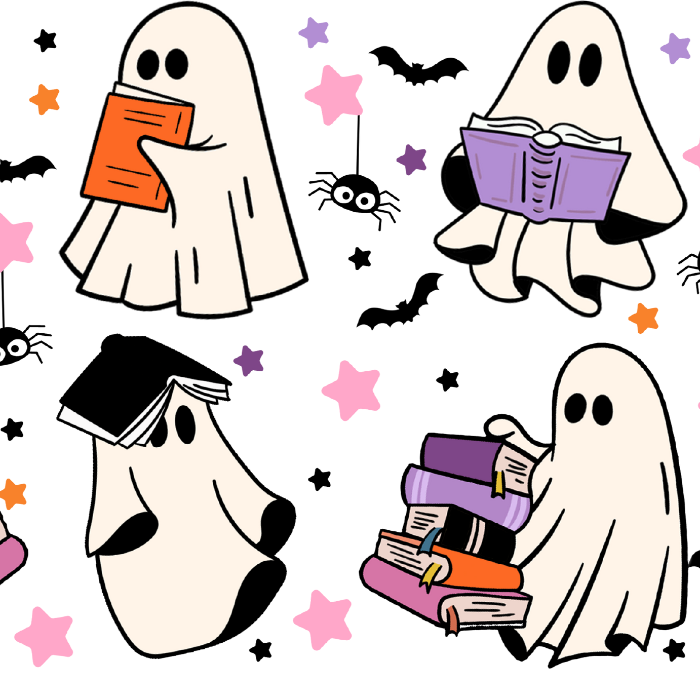 Ghosts and Books drinkware design featuring cute white ghosts reading and carrying colorful books surrounded by black bats and pink, purple and orange stars.