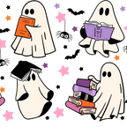 Ghosts and Books drinkware design featuring cute white ghosts reading and carrying colorful books surrounded by black bats and pink, purple and orange stars.