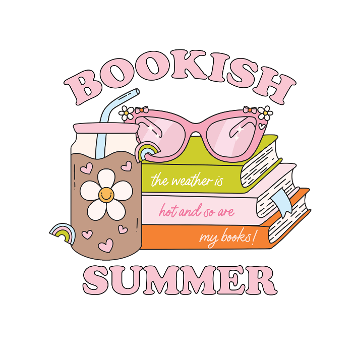 Retro Bookish Summer design featuring stacked books, pink sunglasses, a floral iced drink and the phrase “The weather is hot and so are my books.”
