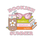 Retro Bookish Summer design featuring stacked books, pink sunglasses, a floral iced drink and the phrase “The weather is hot and so are my books.”