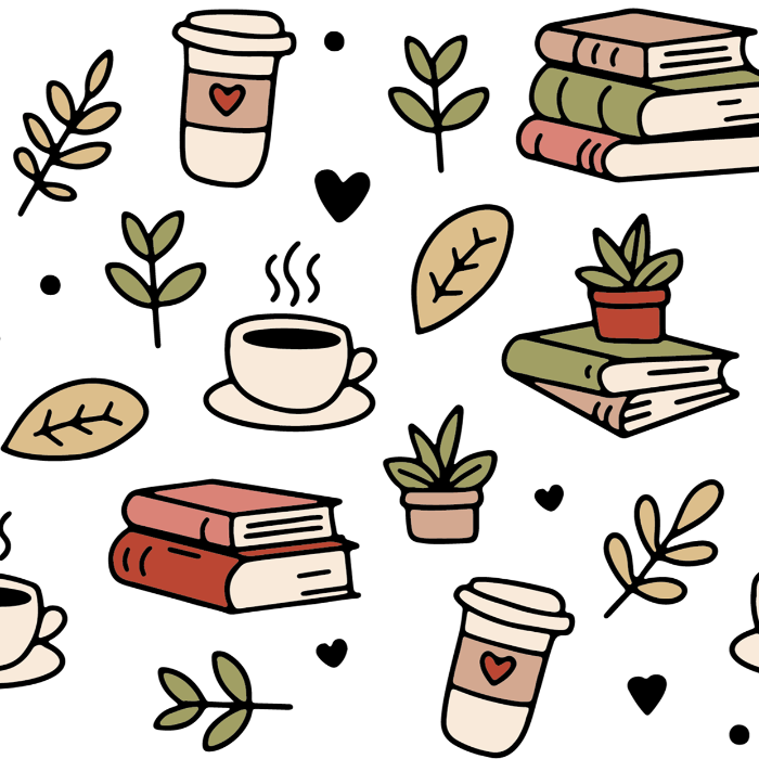 Clear glass mug with bamboo lid and straw featuring a wraparound book lover design with stacked books, coffee cups, potted plants, leafy branches and small black hearts.
