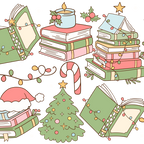 Clear glass cup with bamboo lid and straw featuring a festive wraparound design of stacked books, decorated Christmas trees, candy canes, candles, holly and colorful holiday accents.