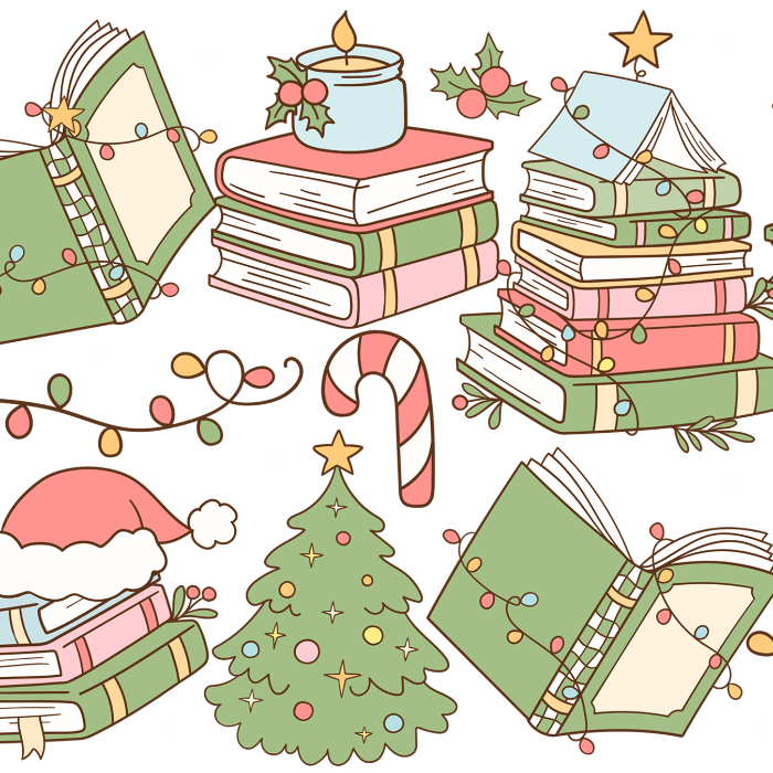 Clear glass cup with bamboo lid and straw featuring a festive wraparound design of stacked books, decorated Christmas trees, candy canes, candles, holly and colorful holiday accents.