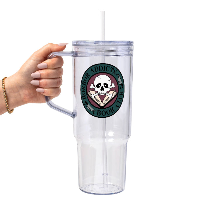 Horror Addicts Book Club design featuring a white skull and crossbones over an open book with knife illustrations, gothic black lettering, and a deep teal and burgundy circular background.