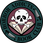 Horror Addicts Book Club design featuring a white skull and crossbones over an open book with knife illustrations, gothic black lettering, and a deep teal and burgundy circular background.