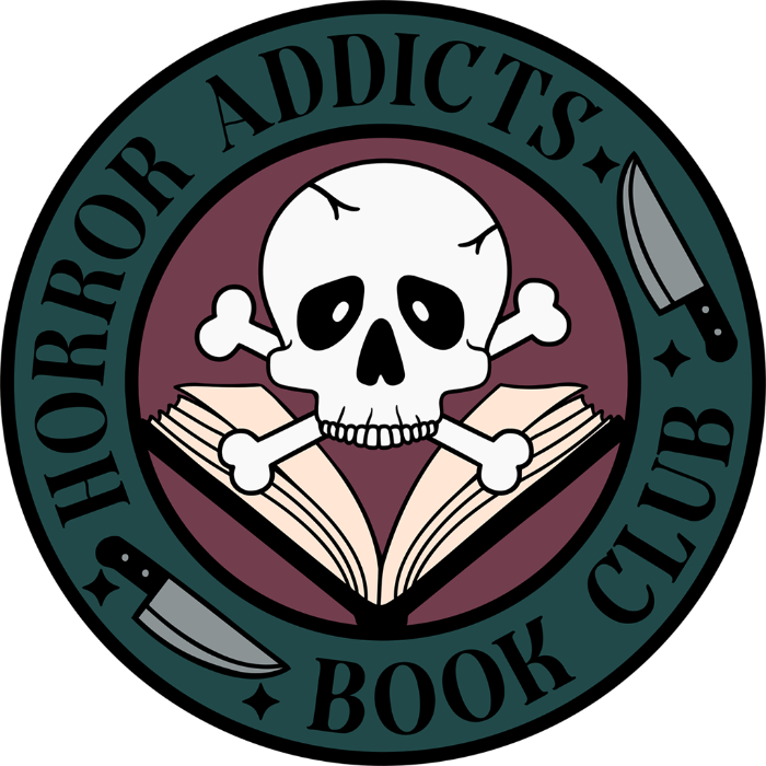 Horror Addicts Book Club design featuring a white skull and crossbones over an open book with knife illustrations, gothic black lettering, and a deep teal and burgundy circular background.