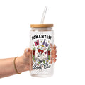 Romantasy Book Club drinkware design featuring an open book pierced by a sword and heart surrounded by red roses, butterflies, flowers, leaves and sparkling fantasy details.