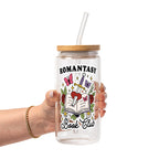 Romantasy Book Club drinkware design featuring an open book pierced by a sword and heart surrounded by red roses, butterflies, flowers, leaves and sparkling fantasy details.
