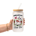 Romantasy Book Club drinkware design featuring an open book pierced by a sword and heart surrounded by red roses, butterflies, flowers, leaves and sparkling fantasy details.