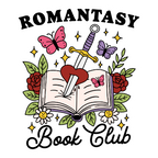 Romantasy Book Club drinkware design featuring an open book pierced by a sword and heart surrounded by red roses, butterflies, flowers, leaves and sparkling fantasy details.