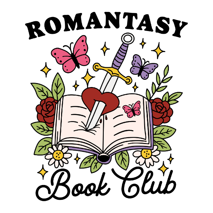Romantasy Book Club drinkware design featuring an open book pierced by a sword and heart surrounded by red roses, butterflies, flowers, leaves and sparkling fantasy details.