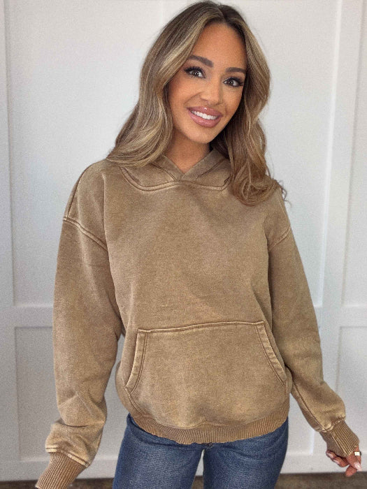 Gabby Acid Wash Fleece Hoodie in Camel