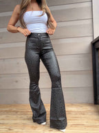 Fiona Leather Leopard High Waisted Bell Bottom Flare Jeans – Black Midnight Leopard