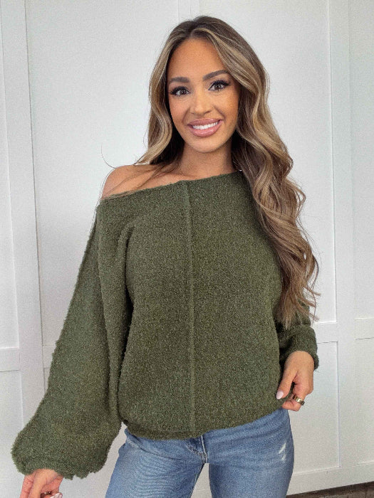 Sorrel Slouchy Bouclé Sweater in Green
