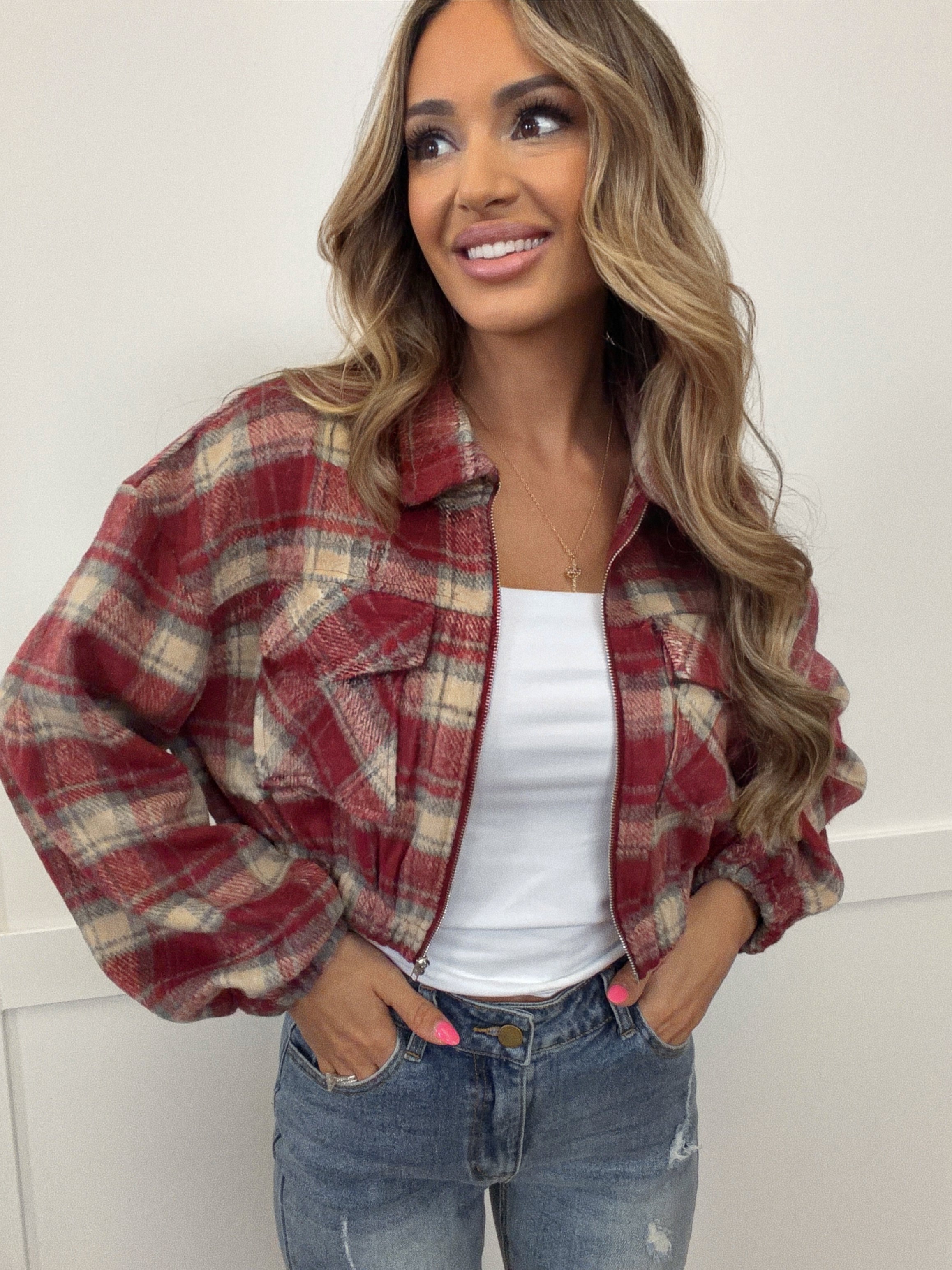 Mistletoe Moments Cropped Plaid Jacket – Flannel Shacket