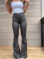 Fiona Leather Leopard High Waisted Bell Bottom Flare Jeans – Black Midnight Leopard