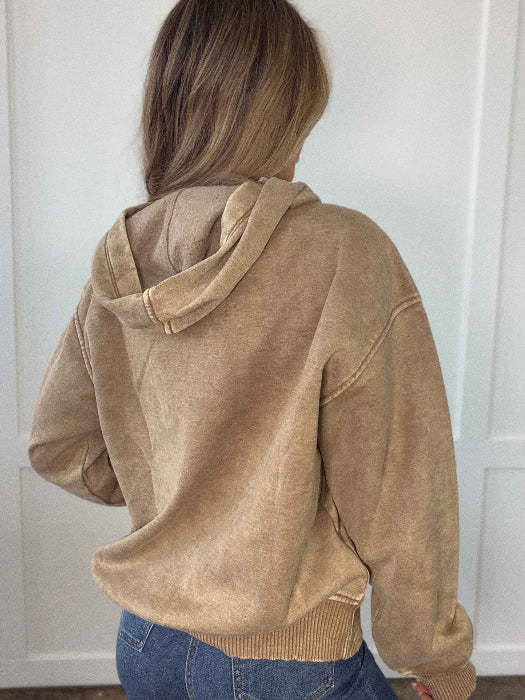 Gabby Acid Wash Fleece Hoodie in Camel