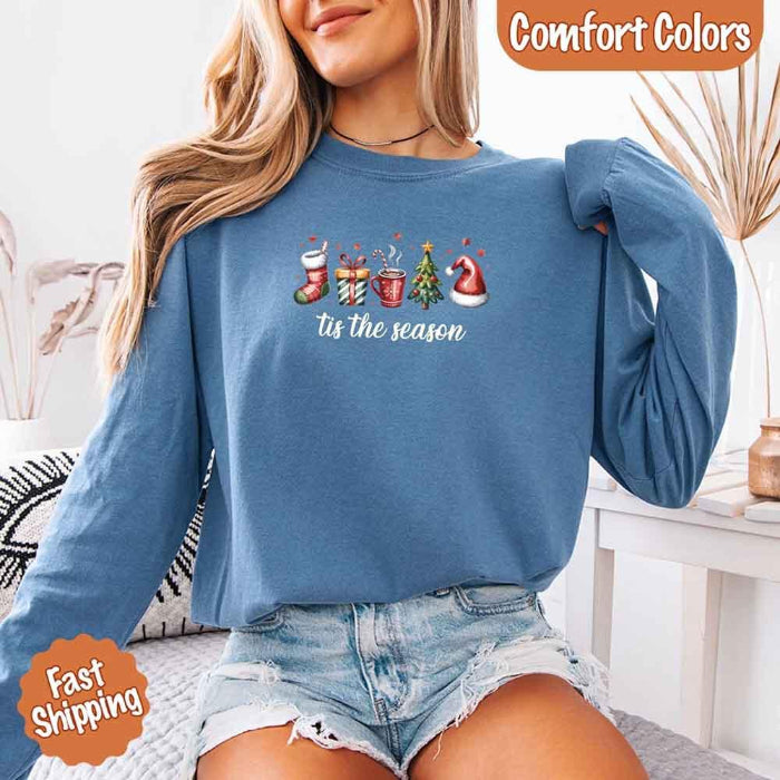 ’Tis The Season Comfort Colors long sleeve Christmas shirt featuring a festive holiday graphic on a soft garment-dyed 100% cotton tee in Denim