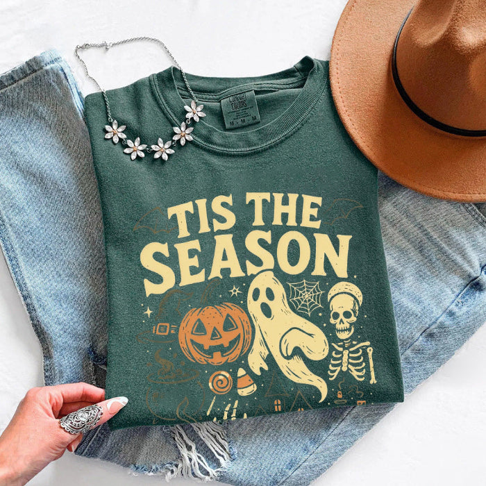 ’Tis The Season Halloween Comfort Colors T-shirt featuring a festive spooky-season graphic on a relaxed garment-dyed cotton tee in Blue Spruce