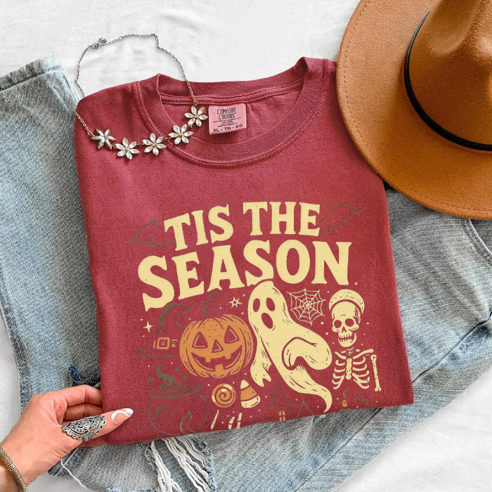 ’Tis The Season Halloween Comfort Colors T-shirt featuring a festive spooky-season graphic on a relaxed garment-dyed cotton tee in Crimson