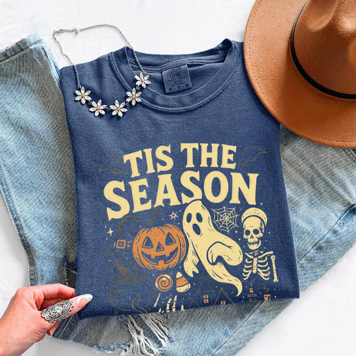 ’Tis The Season Halloween Comfort Colors T-shirt featuring a festive spooky-season graphic on a relaxed garment-dyed cotton tee in Denim