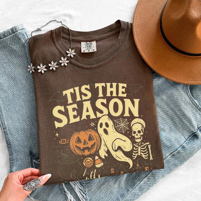 ’Tis The Season Halloween Comfort Colors T-shirt featuring a festive spooky-season graphic on a relaxed garment-dyed cotton tee in Espresso