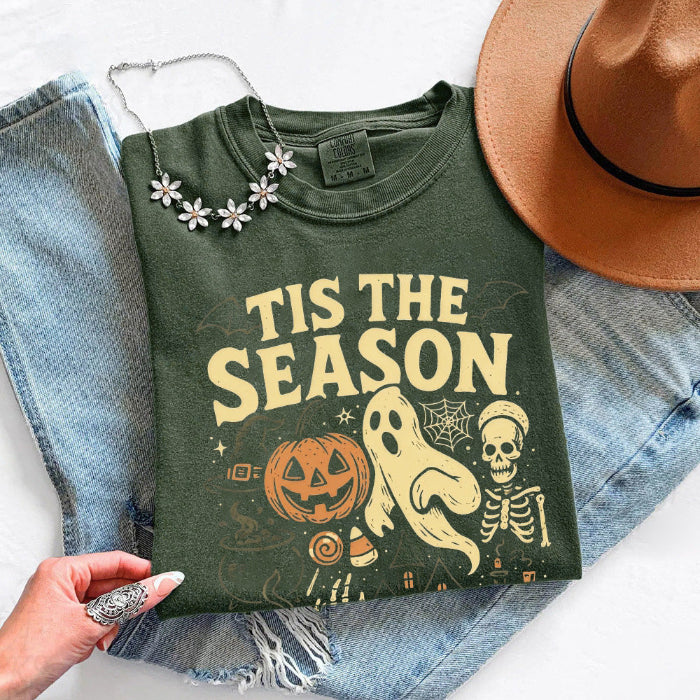 ’Tis The Season Halloween Comfort Colors T-shirt featuring a festive spooky-season graphic on a relaxed garment-dyed cotton tee in Moss