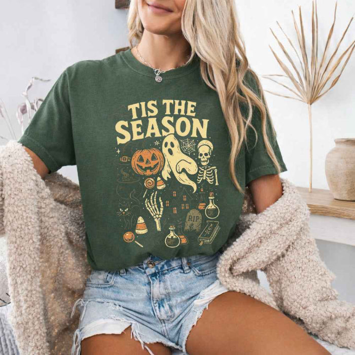 ’Tis The Season Halloween Comfort Colors T-shirt featuring a festive spooky-season graphic on a relaxed garment-dyed cotton tee in Moss