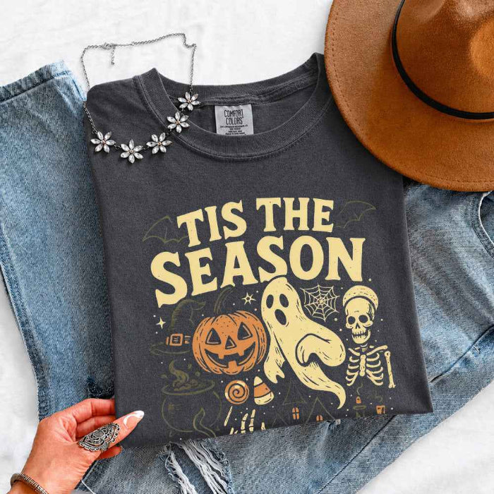 ’Tis The Season Halloween Comfort Colors T-shirt featuring a festive spooky-season graphic on a relaxed garment-dyed cotton tee in Pepper