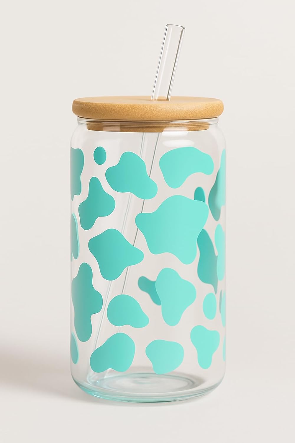 Cow Print 16oz Iced Coffee Glass Cup with Bamboo Lid & Reusable Straw