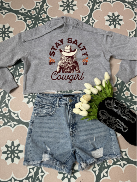 Stay Salty Christian Graphic Cropped Hoodie in Grey | Western Cowgirl Faith Shirt