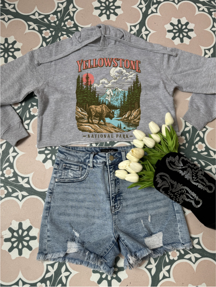 Yellowstone Graphic Tee & Cropped Hoodie – Western Shirt in Grey