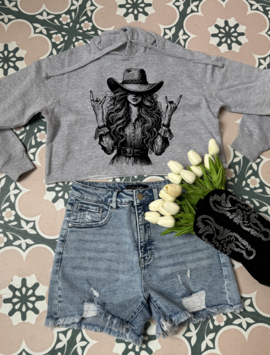 Women’s Lainey Cool Cowgirl graphic tee featuring an original Willow Boutique Western design on a relaxed-fit Comfort Colors® 100% cotton Cropped Hoodie
