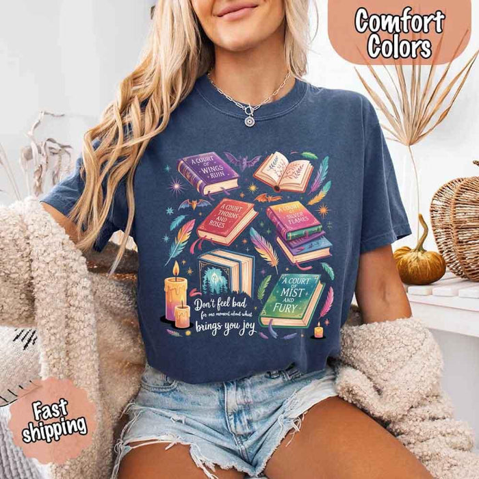 Velaris Comfort Colors T-shirt featuring a fantasy-inspired book lover graphic with magical celestial styling for fantasy romance readers and Bat Boys fans in Denim.