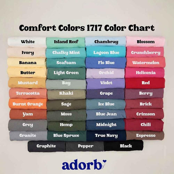 Color chart with folded fabric swatches labeled with color names and 'adorb' branding.