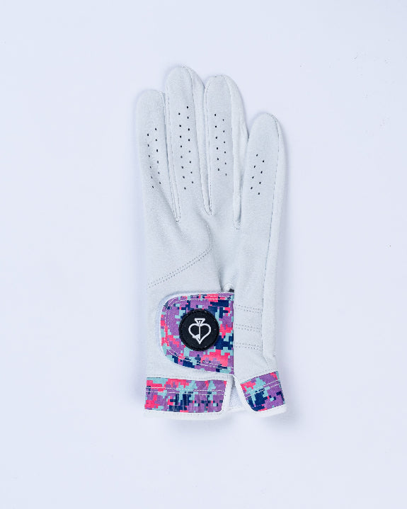 White Pins & Aces Vivid Camo Premium Tour golf glove made from Cabretta leather with perforated fingers and a colorful pink, aqua, purple, and navy camo wrist design.