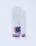 White Pins & Aces Vivid Camo Premium Tour golf glove made from Cabretta leather with perforated fingers and a colorful pink, aqua, purple, and navy camo wrist design.