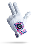 White Pins & Aces Vivid Camo Premium Tour golf glove made from Cabretta leather with perforated fingers and a colorful pink, aqua, purple, and navy camo wrist design.