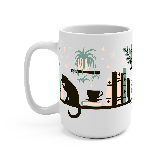 Bookish drinkware featuring a cozy wraparound bookshelf design with books, a curious kitty, and trailing green plants, available in glass cups, tumblers, and ceramic mugs.