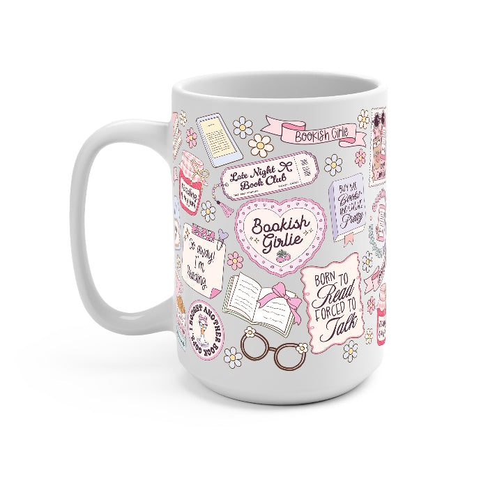 Coffee Cup featuring a pink pastel bookish collage with books, flowers, reading glasses, hearts and feminine reader-themed sayings.