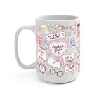 Coffee Cup featuring a pink pastel bookish collage with books, flowers, reading glasses, hearts and feminine reader-themed sayings.